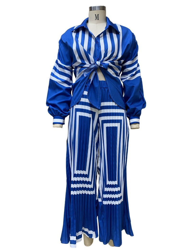 Geometric Striped Tie-Front Shirt and Pants Set