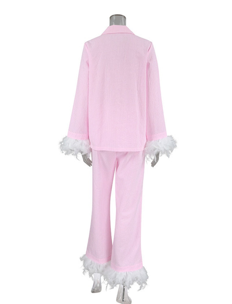 Feather-Trimmed Long Pajama Set