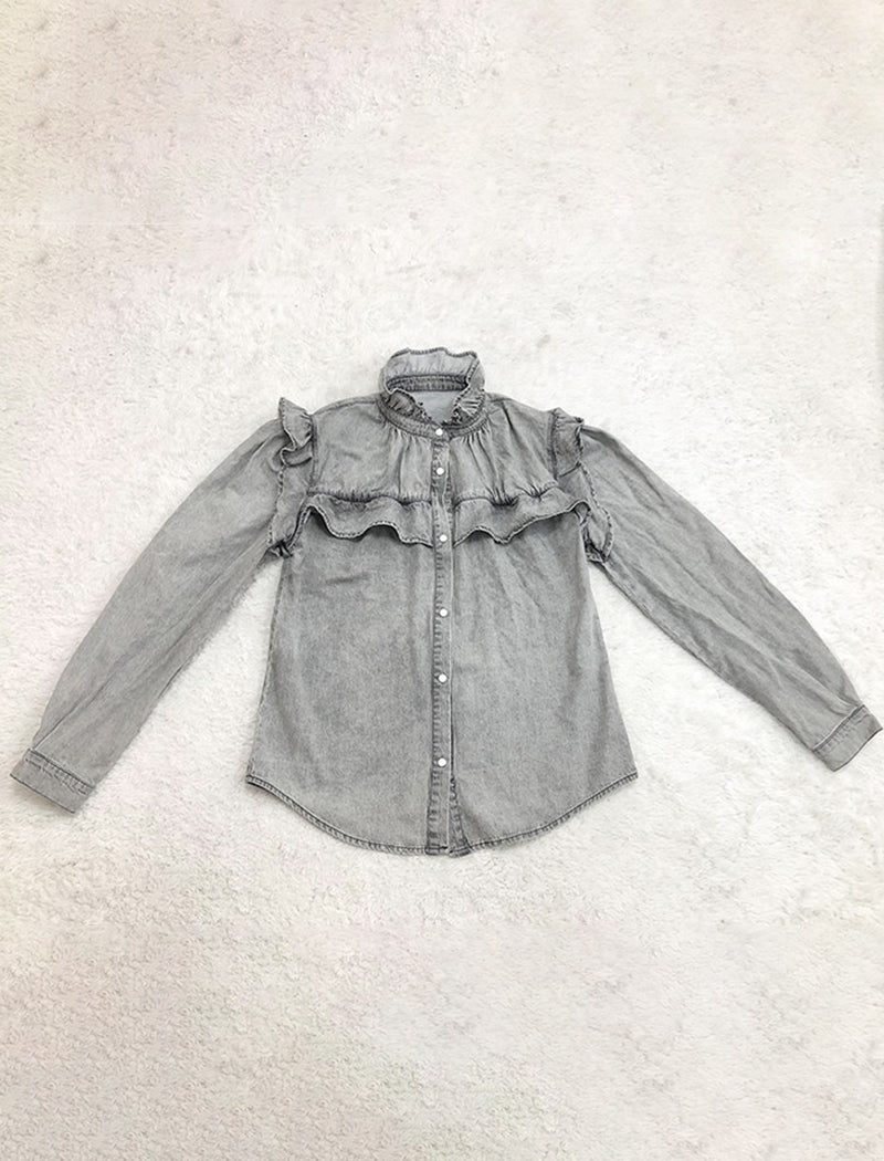Ruffled Button-Up Denim Blouse