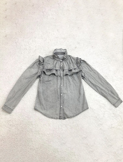 Ruffled Button-Up Denim Blouse