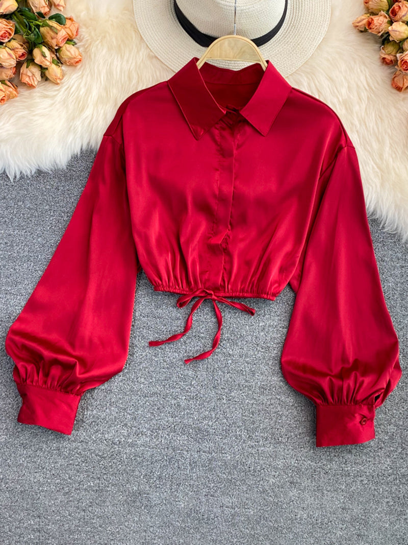 Balloon Sleeve Drawstring Blouse