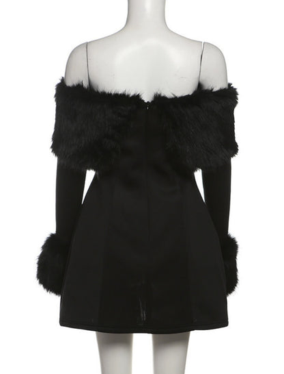 Off-Shoulder Faux Fur Trim Mini Dress