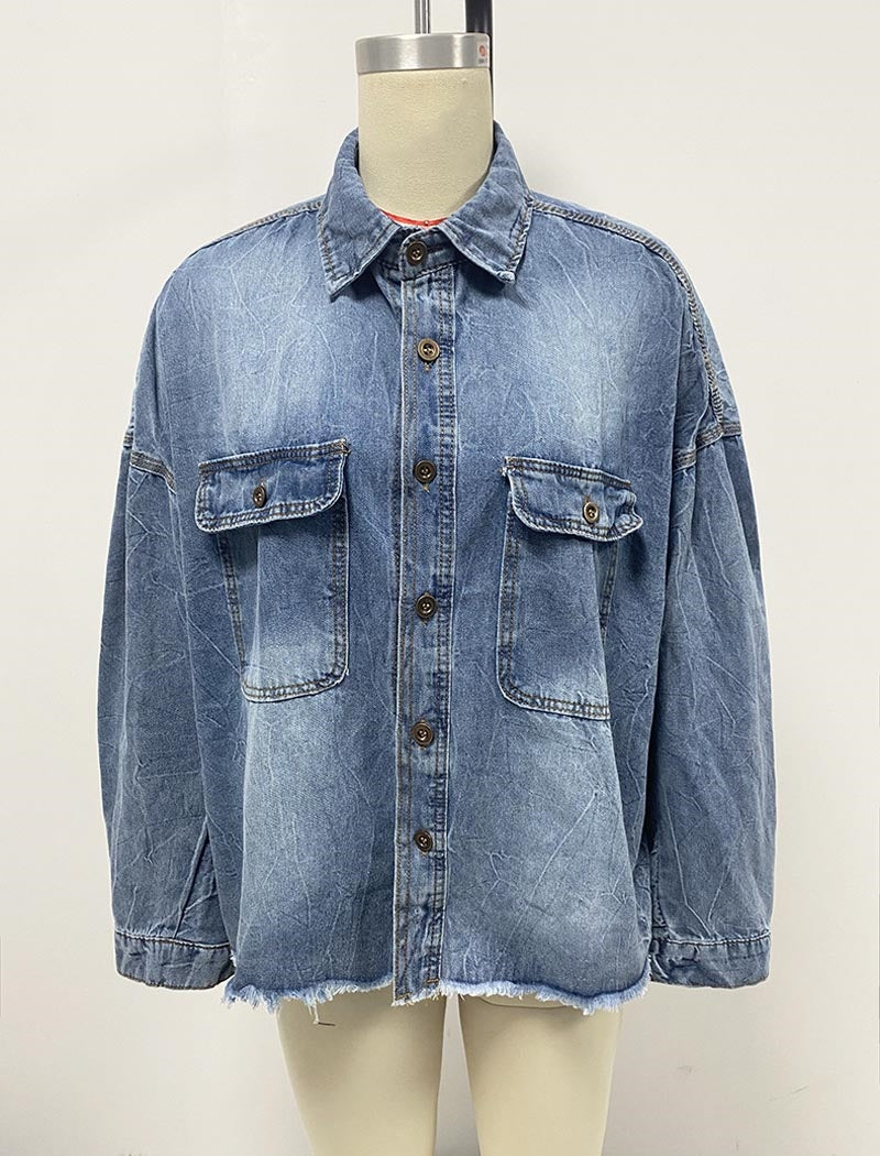 Distressed Hem Oversized Denim Shirt