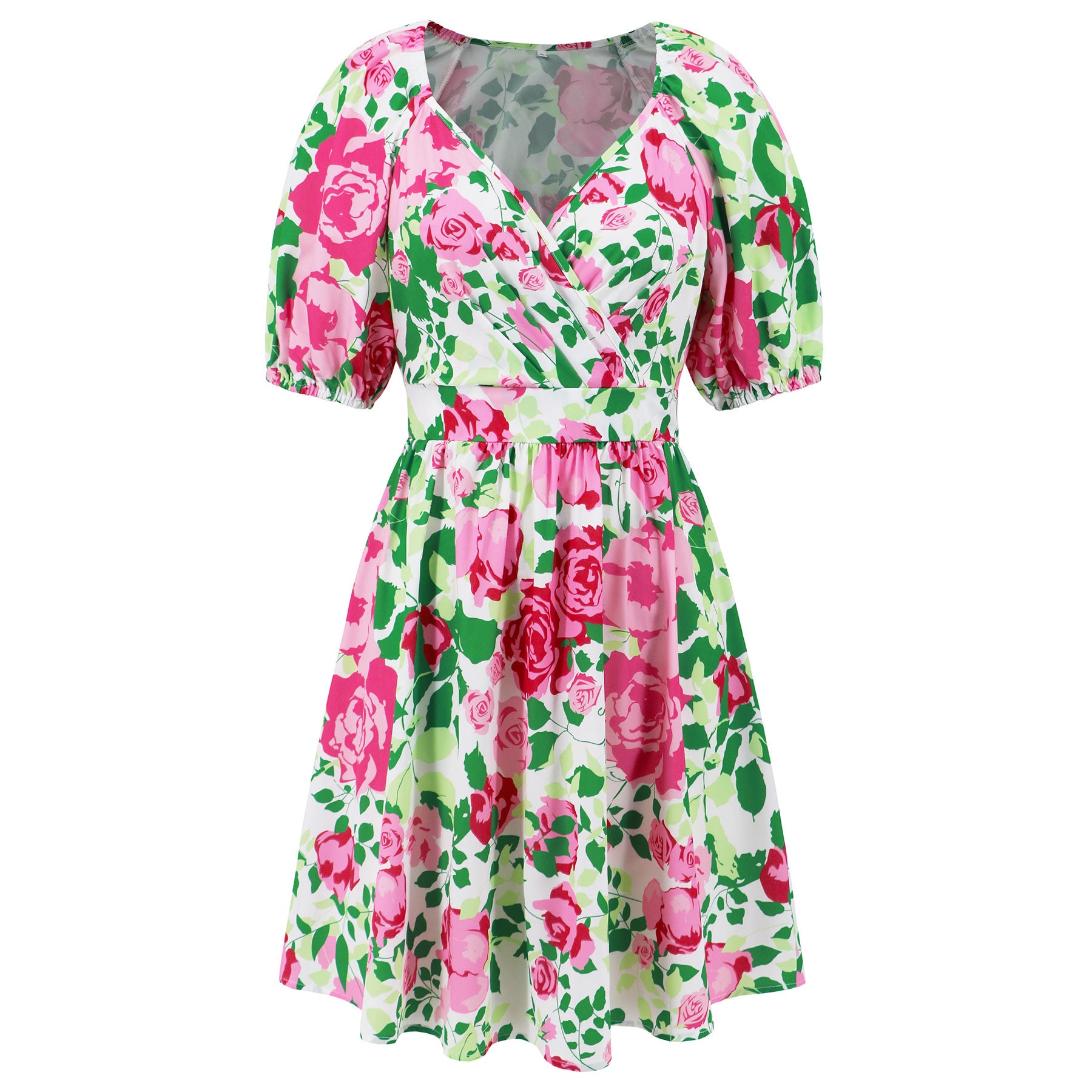 Rose Print Puff Sleeve Mini Dress