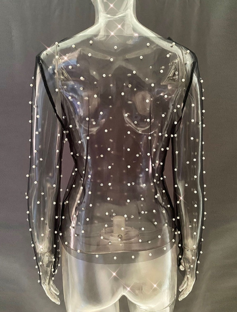 Pearl Embellished Sheer Mesh Blouse