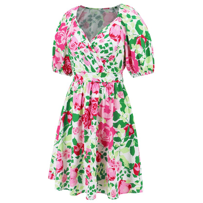 Rose Print Puff Sleeve Mini Dress