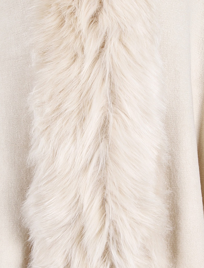 Faux Fur Trim Shawl with Fringe Detail