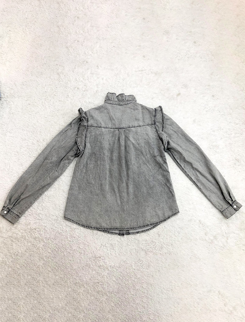 Ruffled Button-Up Denim Blouse