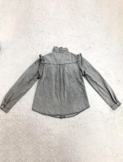Ruffled Button-Up Denim Blouse
