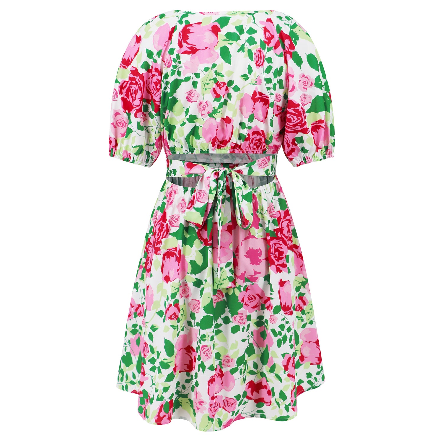 Rose Print Puff Sleeve Mini Dress