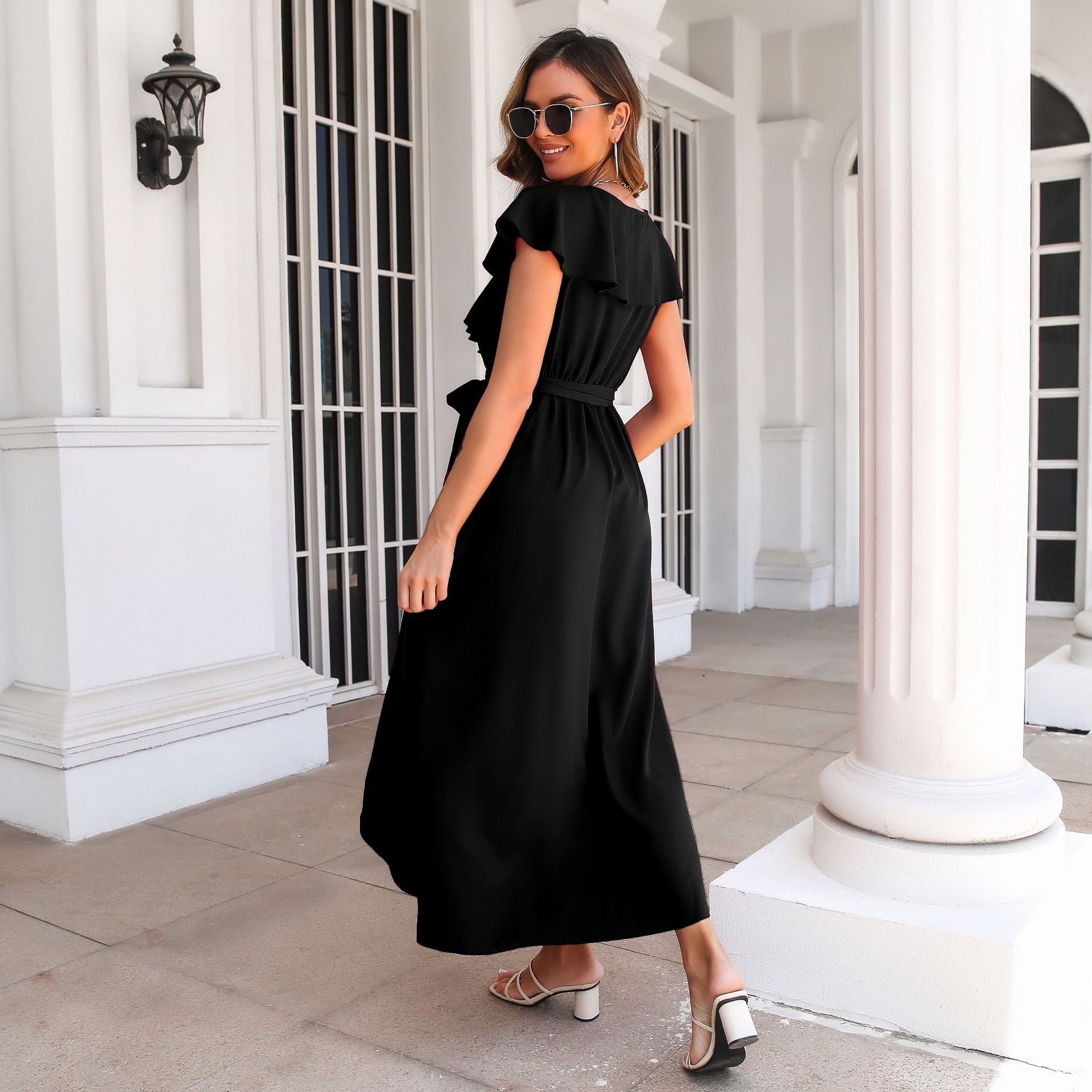 Ruffle Wrap Slit Maxi Dress