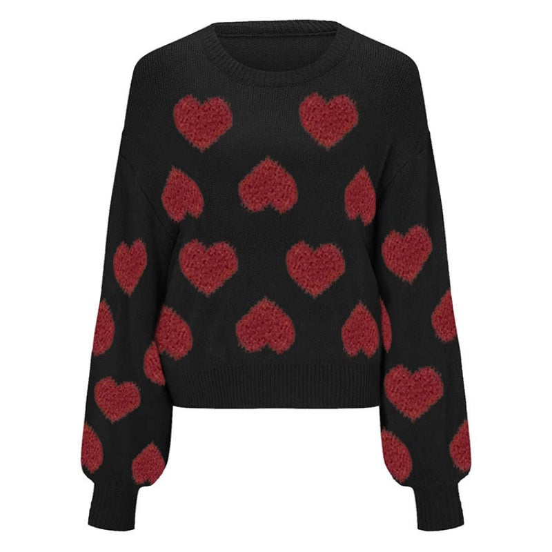 Cropped Heart-Print Long-Sleeve Sweater