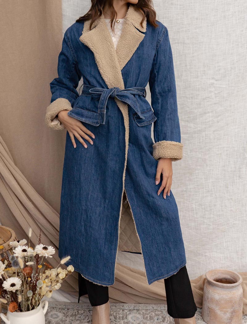 Sherpa-Lined Denim Long Coat