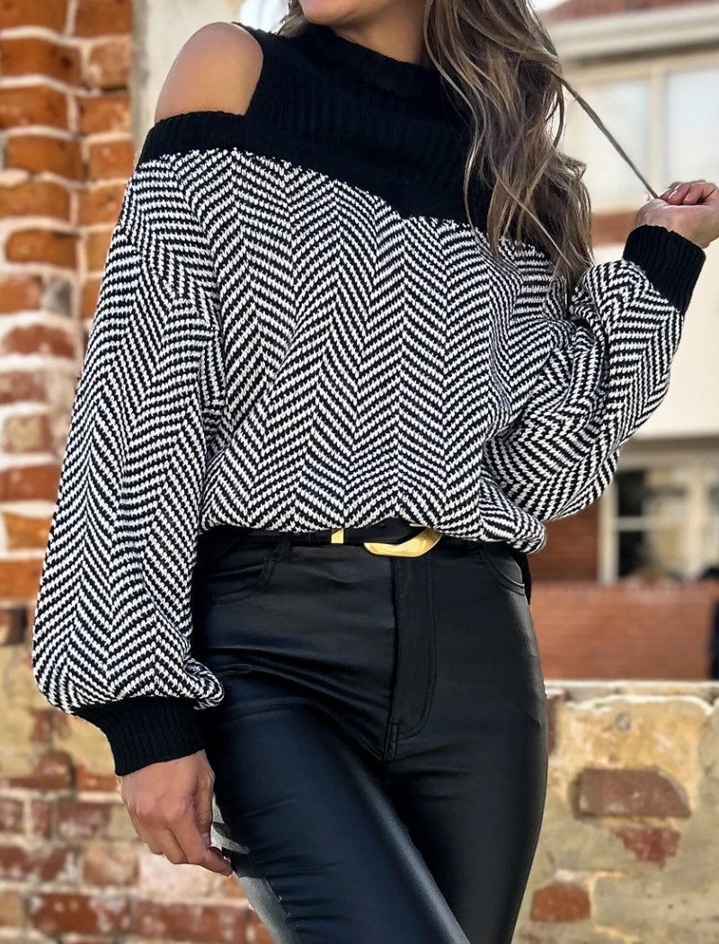 Off-Shoulder Herringbone Sweater