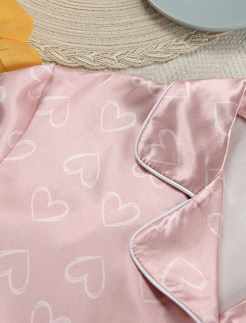 Short-Sleeve Heart-Print Satin Pajama Set