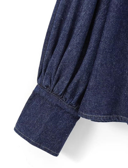 Bow-Tie Puff-Sleeve Button-Up Shirt