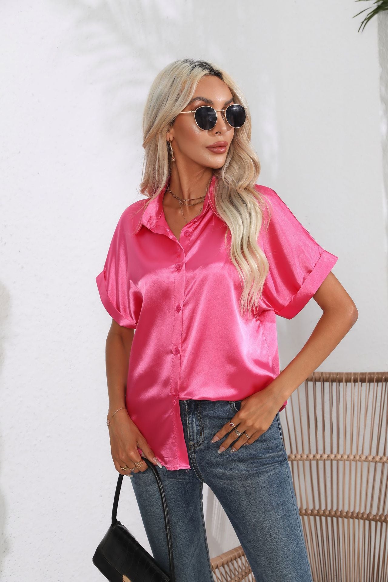 Short Sleeve Satin Crop Blouse