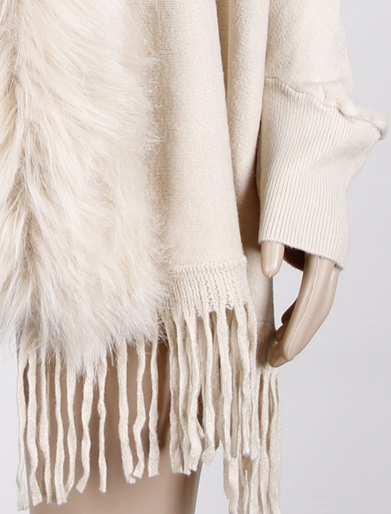 Faux Fur Trim Shawl with Fringe Detail