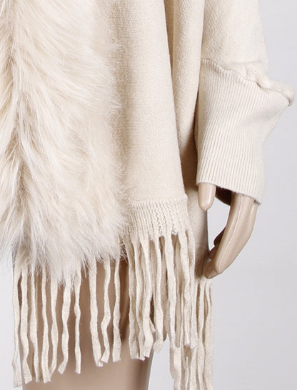 Faux Fur Trim Shawl with Fringe Detail