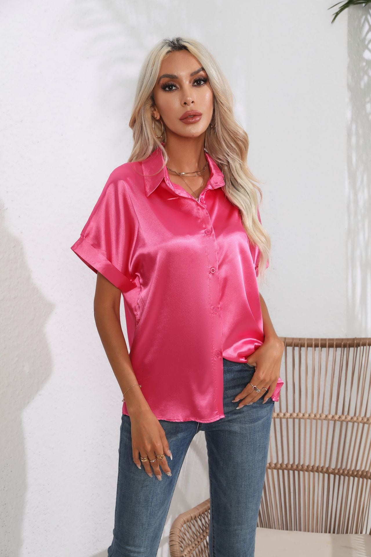 Short Sleeve Satin Crop Blouse