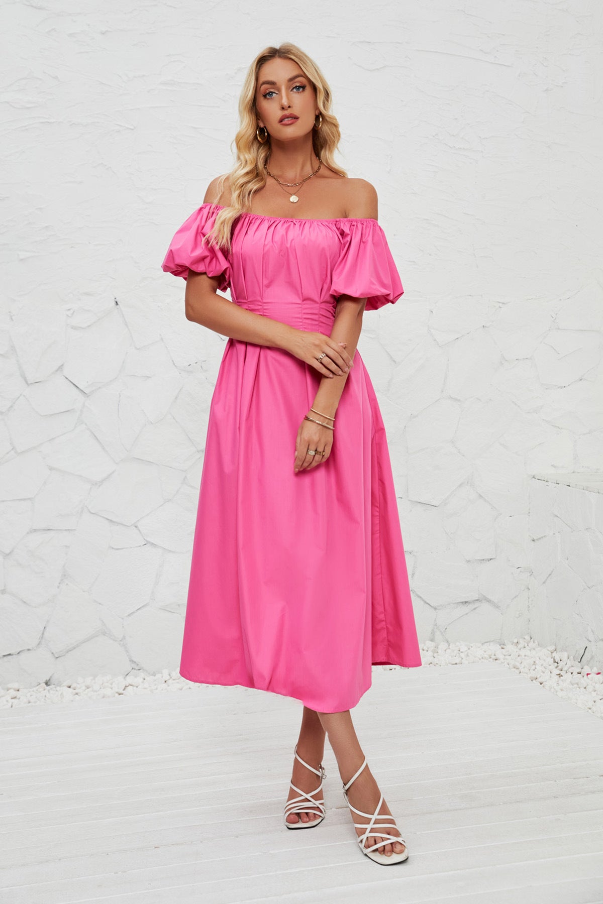 DVL407011D Off-Shoulder Puff Sleeve Midi Dress