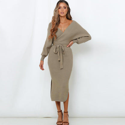 Wrap V-Neck Knit Slit Dress