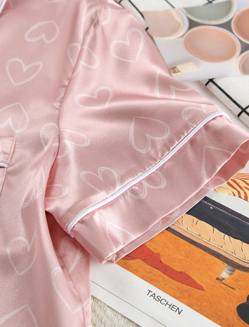 Short-Sleeve Heart-Print Satin Pajama Set