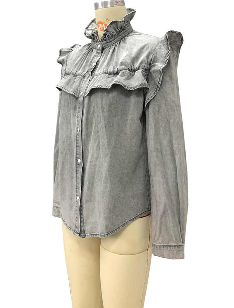 Ruffled Button-Up Denim Blouse
