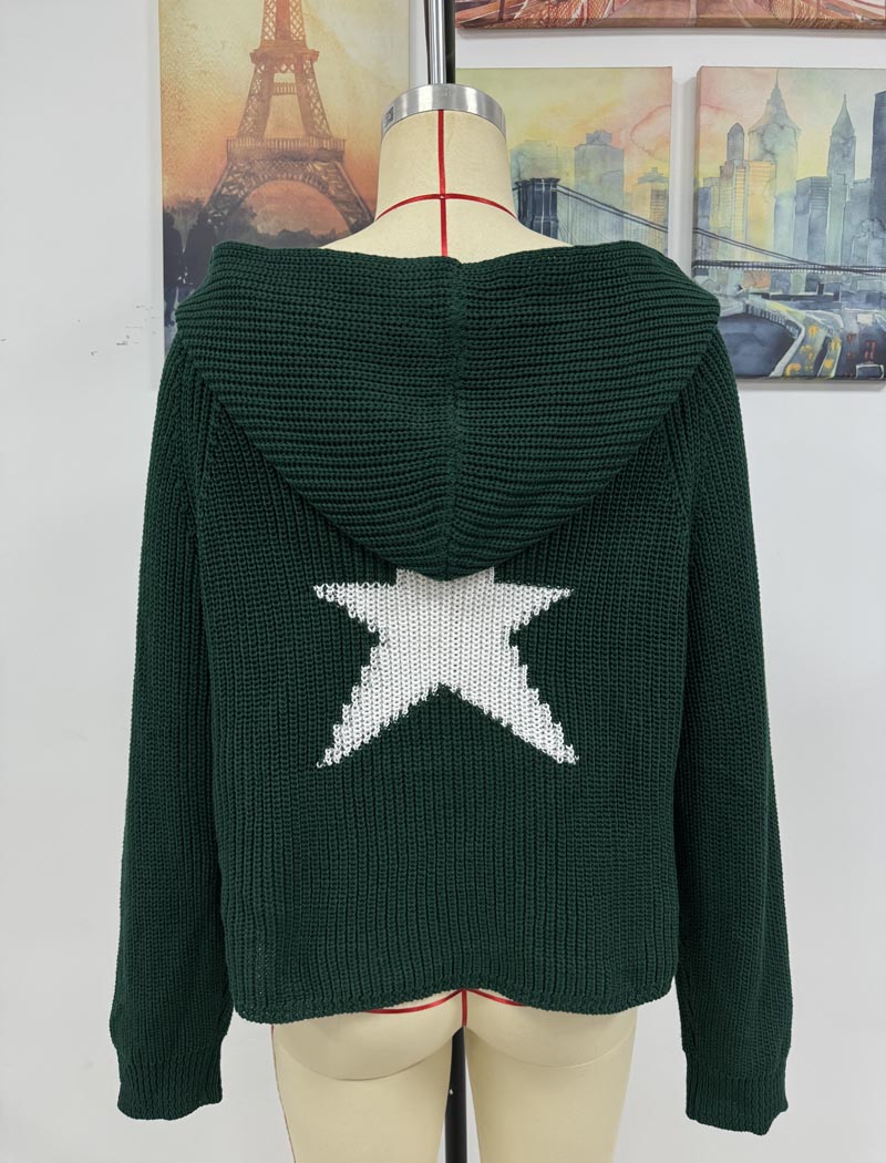 Star-Patterned Hooded Knit Cardigan