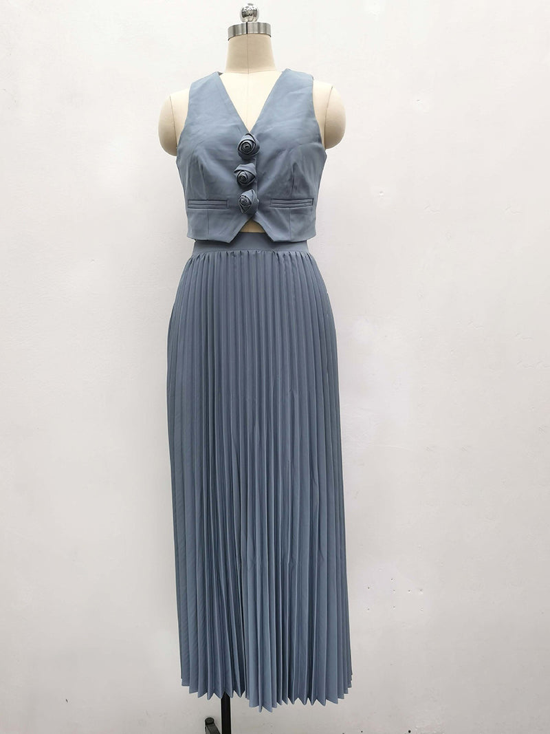 Rosette Vest and Pleated Maxi Skirt Set