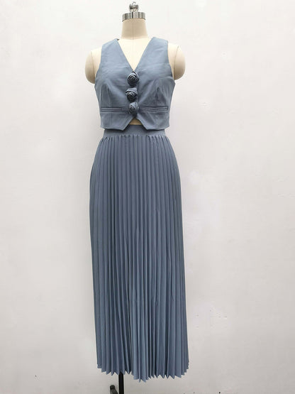 Rosette Vest and Pleated Maxi Skirt Set