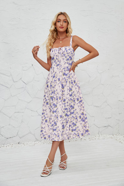 DVL407012D Floral Print Side-Slit Midi Dress