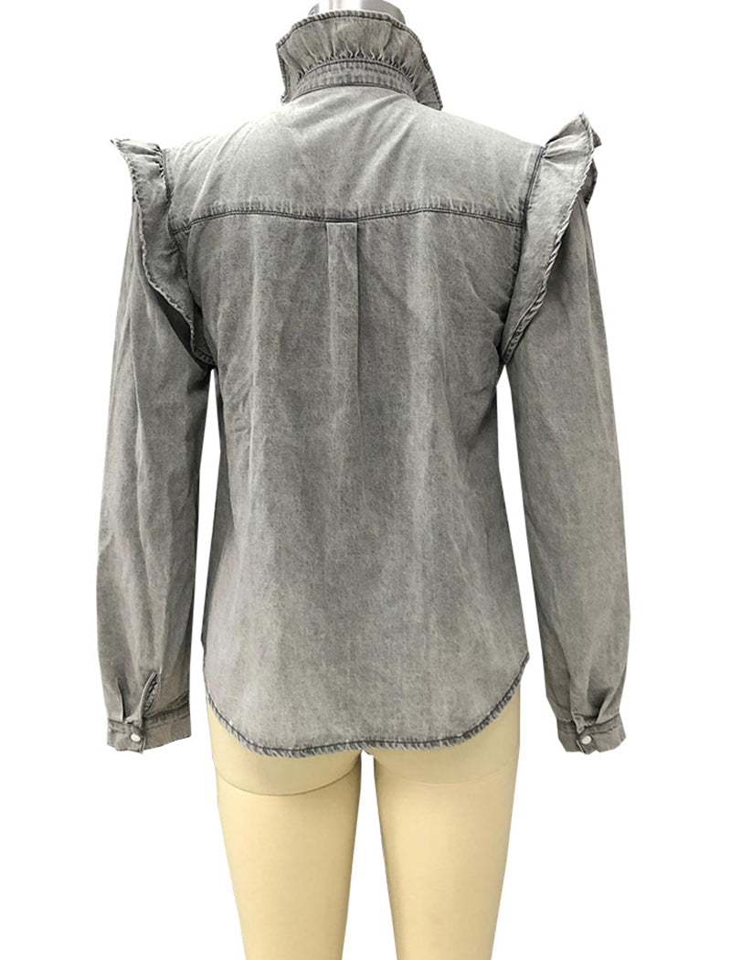 Ruffled Button-Up Denim Blouse