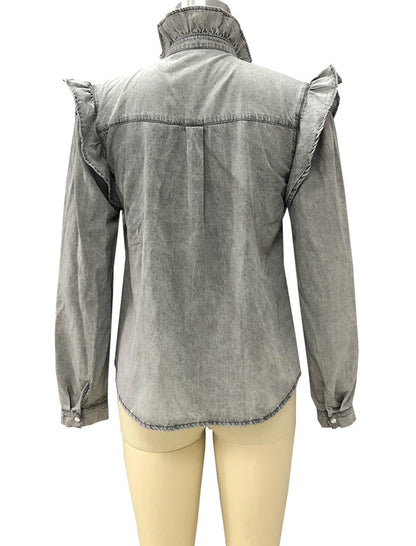 Ruffled Button-Up Denim Blouse