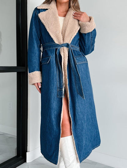 Sherpa-Lined Denim Long Coat