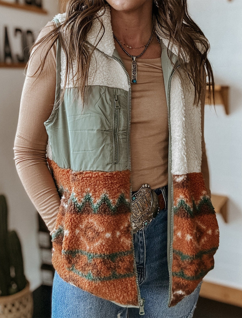 High Neck Color-Block Fleece Vest