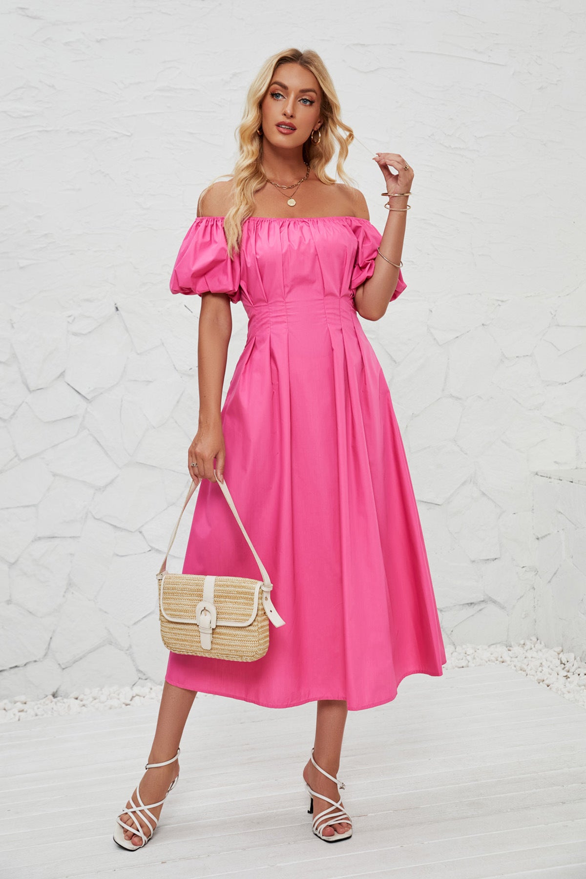 DVL407011D Off-Shoulder Puff Sleeve Midi Dress