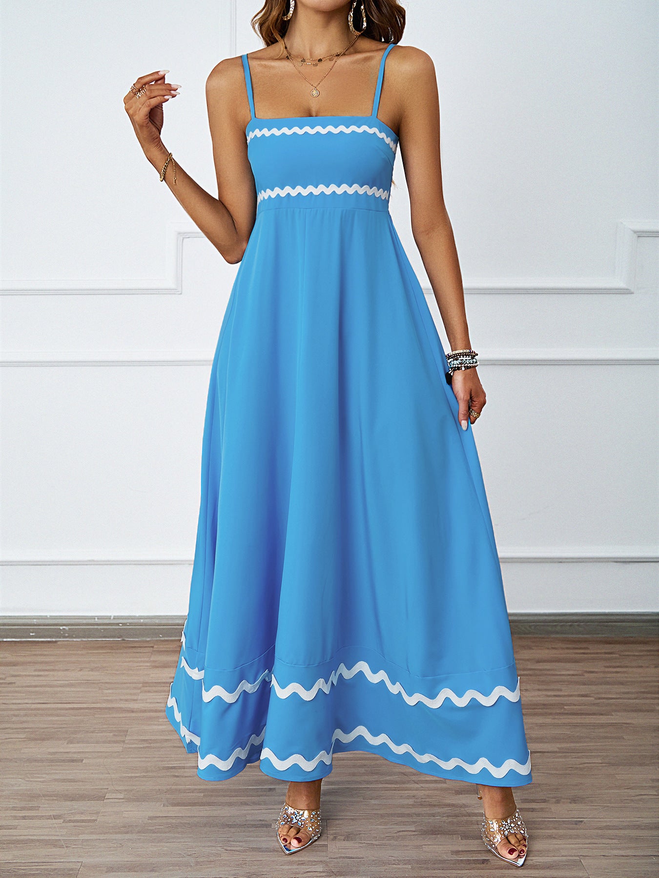 DVL407018D Contrast Trim Spaghetti Strap Maxi Dress