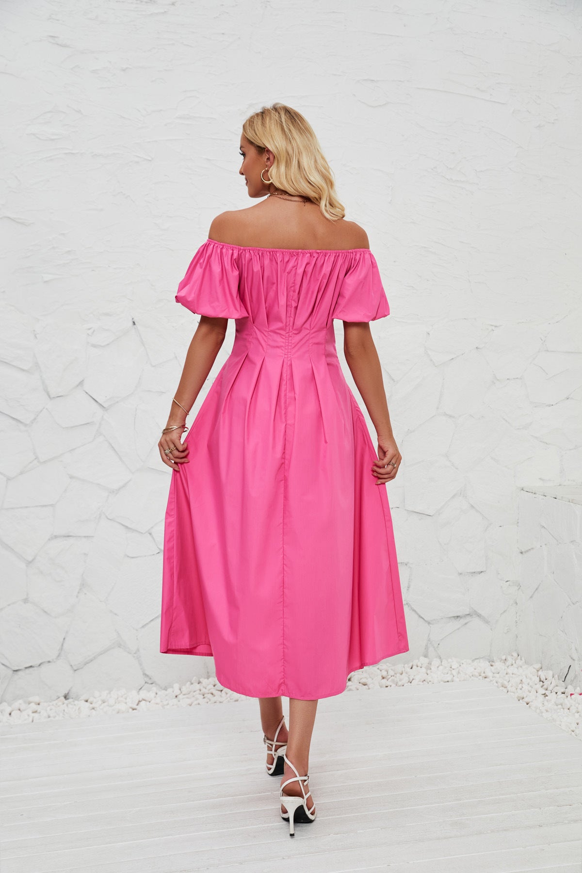 DVL407011D Off-Shoulder Puff Sleeve Midi Dress