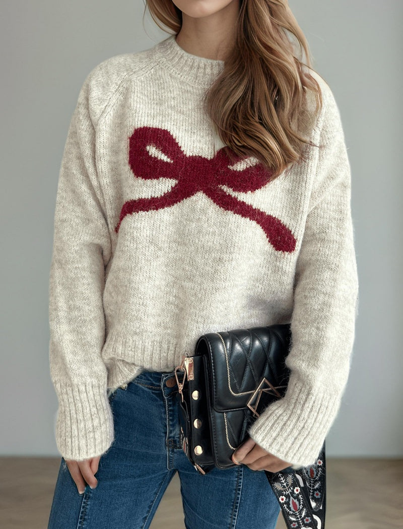 Bow-Applique Crew Neck Sweater