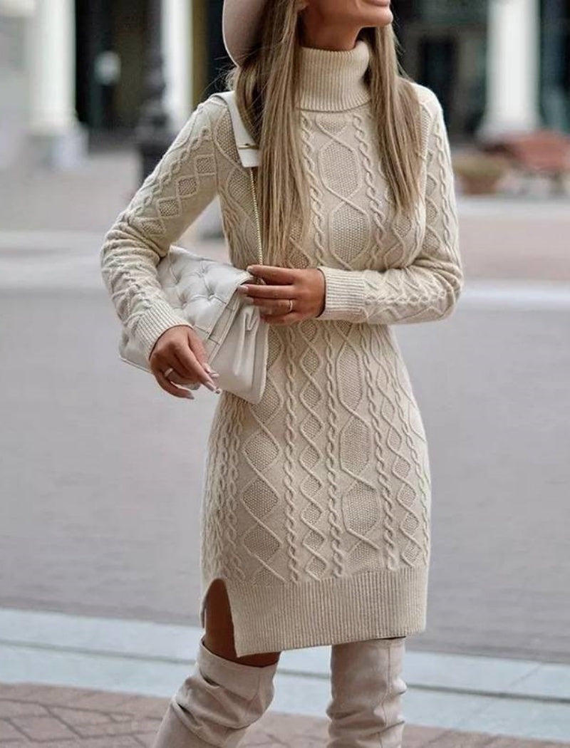 Cable Knit Turtleneck Sweater Dress