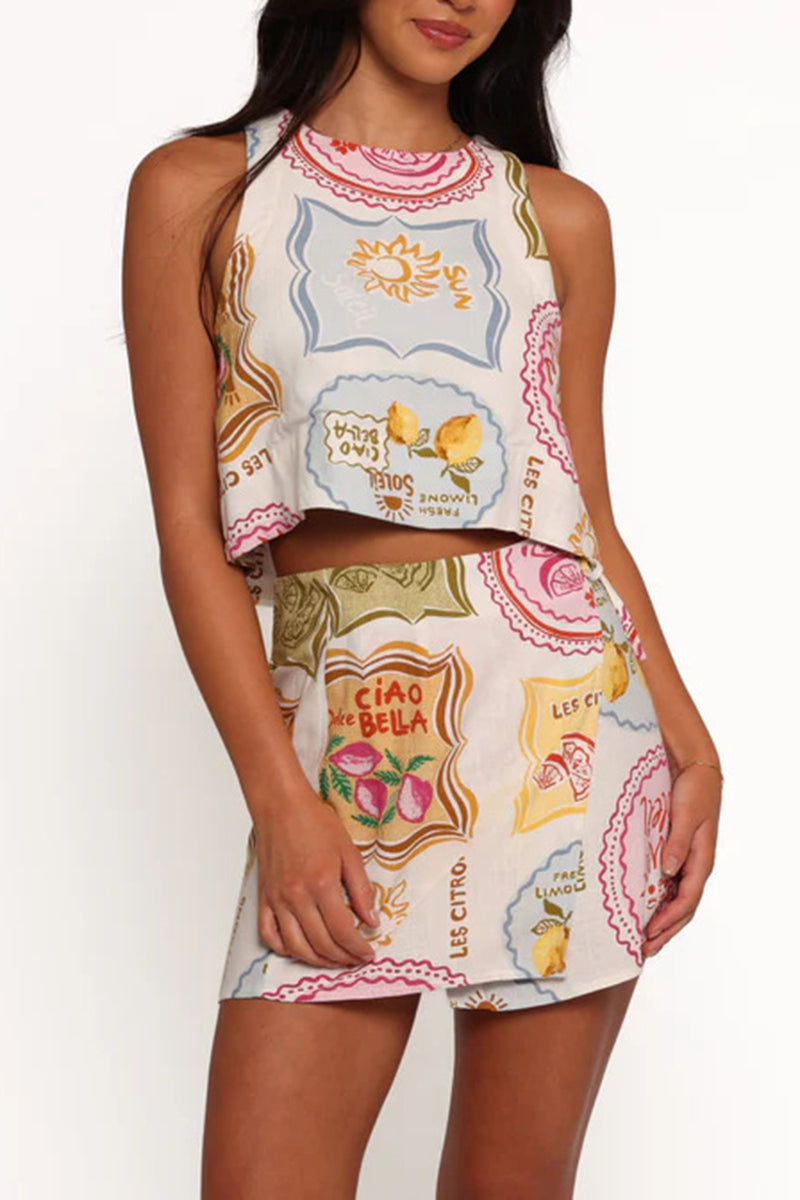 Printed High-Neck Skirt Set