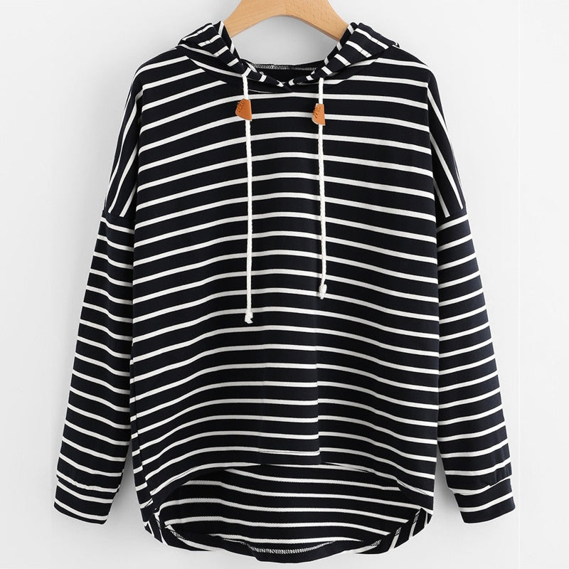 Striped Drawstring Hooded Long Sleeve Top