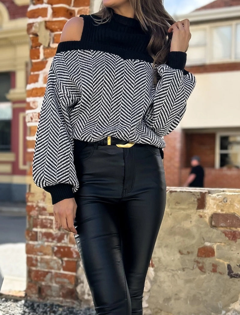 Off-Shoulder Herringbone Sweater