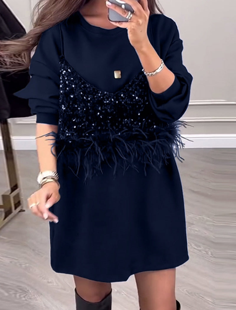 Sequin Feather Embellished Mini Dress