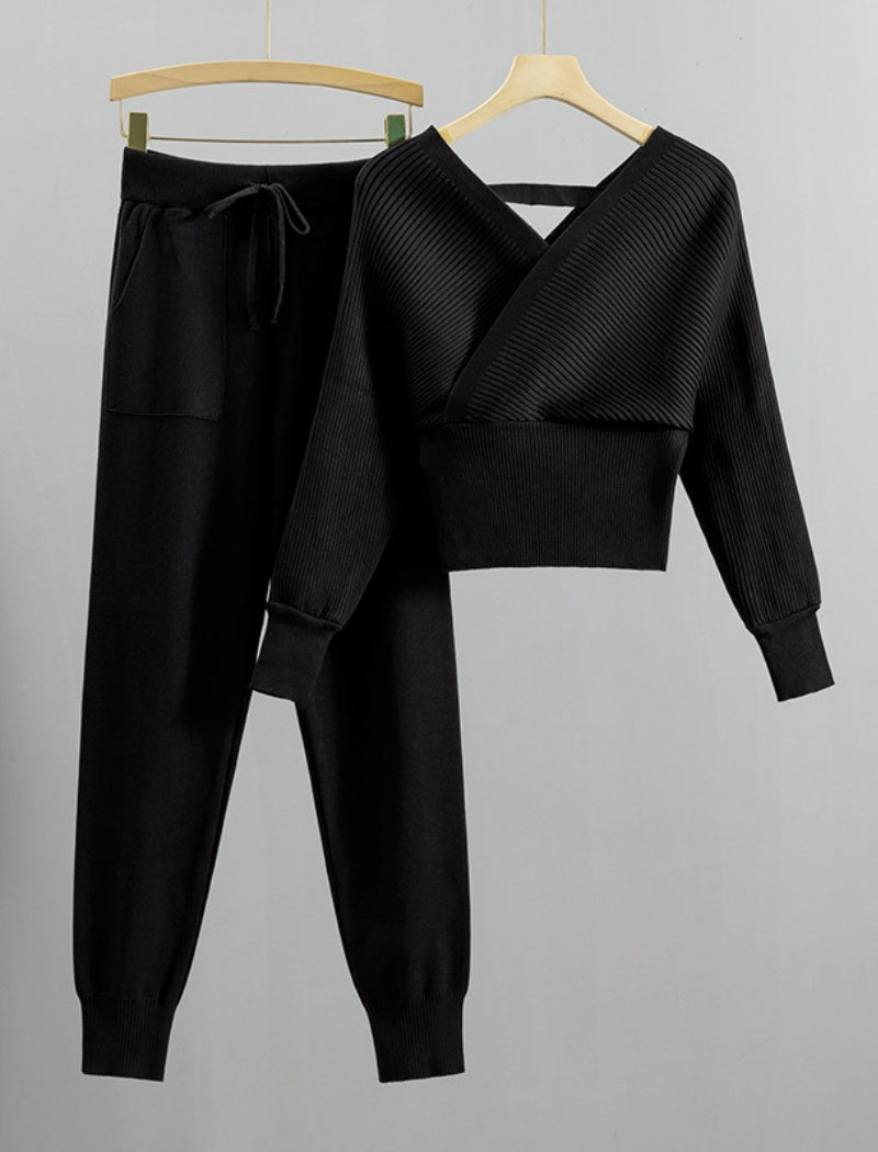 Ribbed Knit Cross-Front Lounge Set