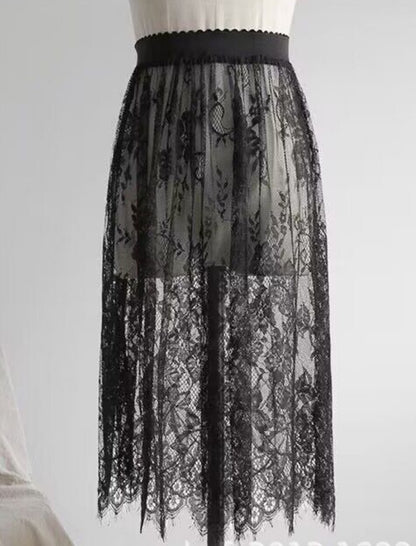 Sheer Lace Overlay Midi Skirt