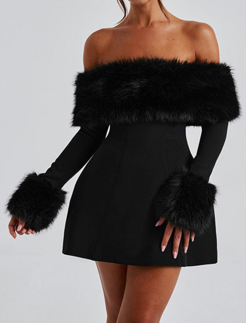 Off-Shoulder Faux Fur Trim Mini Dress