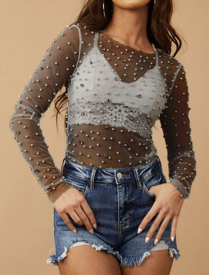 Pearl Embellished Sheer Mesh Blouse