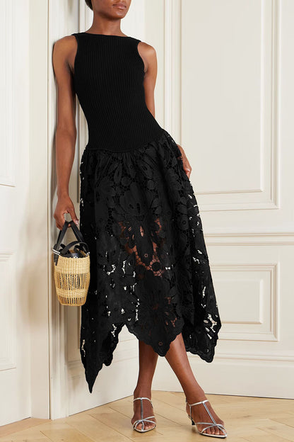 Asymmetric Lace Overlay Midi Dress